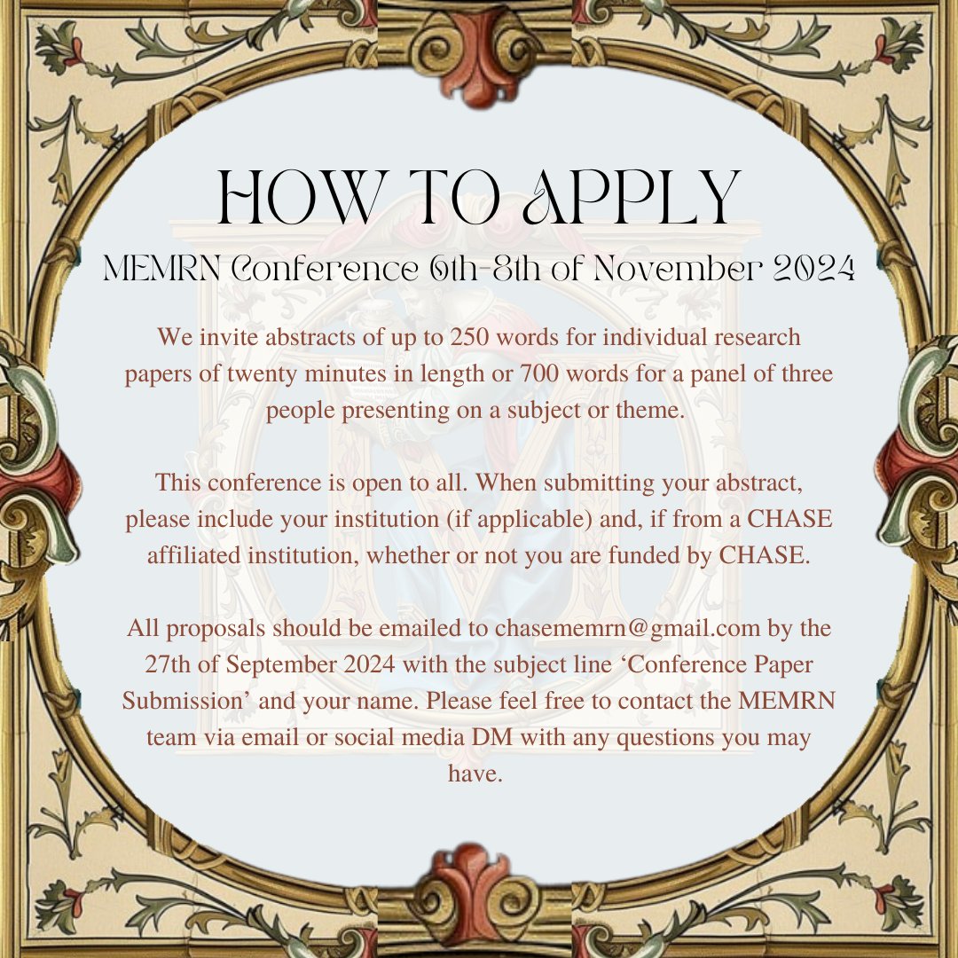 MEMRN (@memrnchase) on Twitter photo We're so thrilled to share our Call for Papers with you all!
If you have any questions about eligibility or how to get involved, please get in contact with the MEMRN team via DM or by emailing chasememrn@gmail.com We're so thrilled to share our Call for Papers with you all!
If you have any questions about eligibility or how to get involved, please get in contact with the MEMRN team via DM or by emailing chasememrn@gmail.com