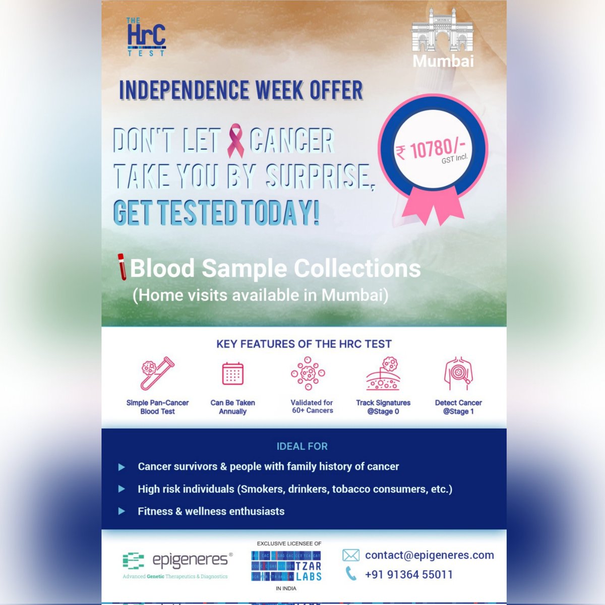Epigeneres (@epigeneres) on Twitter photo 🌟 *Independence Week Special!* 🌟
Unlock early cancer detection with *The HrC Test* for just *INR 10780/- (incl. GST).*
🔬 Detects cancer before tumours form
🔬 Validated for 60+ cancers
🔬 Non-invasive & safe
Book now:myhrc.epigeneres.com
9136455011/ contact@epigeneres.com 🌟 *Independence Week Special!* 🌟
Unlock early cancer detection with *The HrC Test* for just *INR 10780/- (incl. GST).*
🔬 Detects cancer before tumours form
🔬 Validated for 60+ cancers
🔬 Non-invasive & safe
Book now:myhrc.epigeneres.com
9136455011/ contact@epigeneres.com