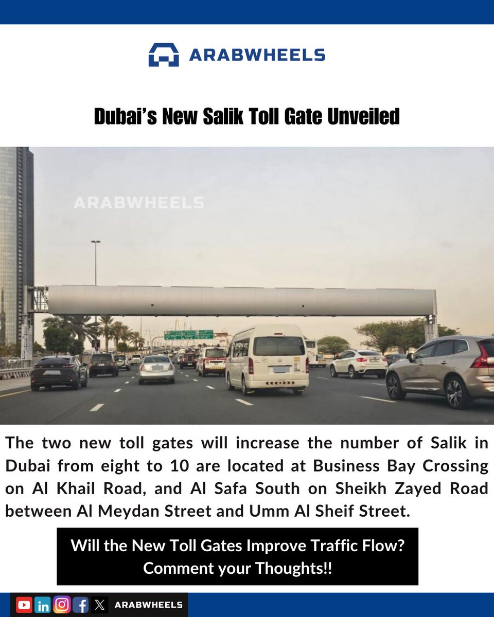 ArabWheels's tweet image. Dubai is set to add two new Salik toll gates, bringing the total from eight to ten. The new gates are located at Business Bay Crossing on Al Khail Road and Al Safa South on Sheikh Zayed Road, between Al Meydan Street and Umm Al Sheif Street.

#Salik #SheikhZayedRoad  #Dubai