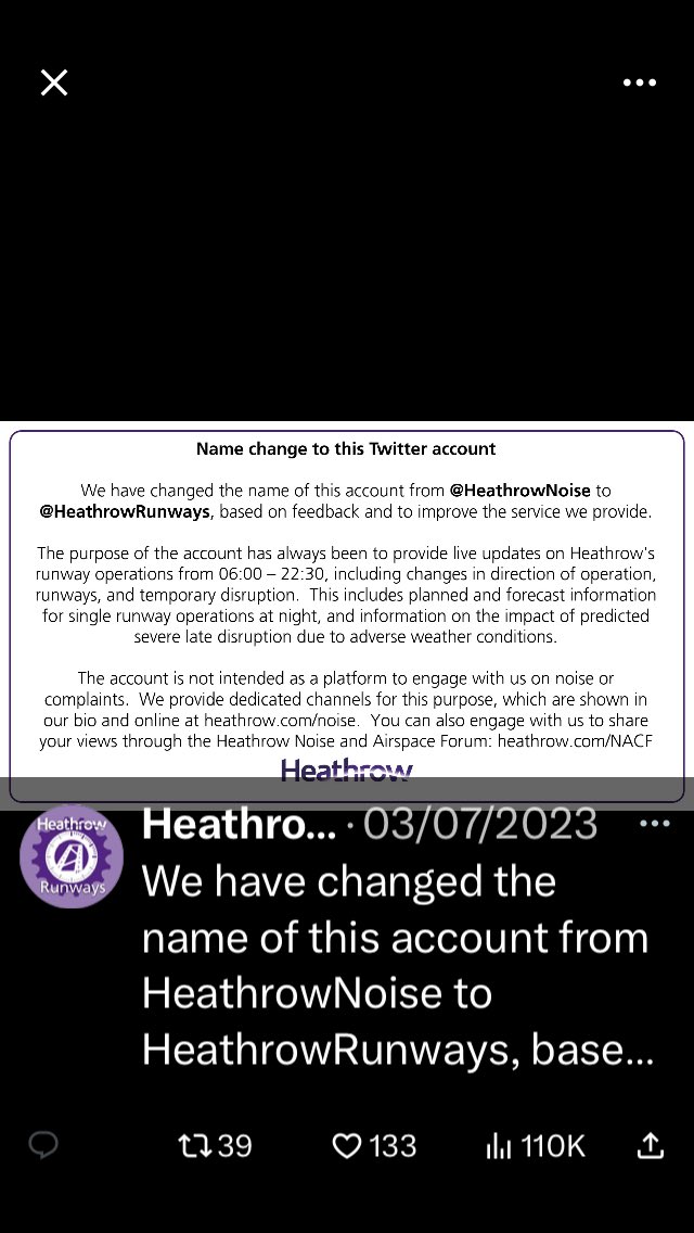 <a href="/MareByrne/">Mallard</a> <a href="/GenovaHoy/">Génova Hoy</a> <a href="/fogatwick/">Foxtrot Oscar Gatwick</a> <a href="/adamspink/">Adam Spink 🇺🇦 (ONLY on Bluesky now)</a> <a href="/syonist/">Tim Henderson</a> <a href="/bakerainlondon/">.</a> <a href="/TeddingtonTAG/">Teddington Action Group</a> <a href="/JohnBobNaidoo/">John</a> <a href="/Tothepo85849100/">To the point</a> @b_bear12345566 <a href="/SwoozleH/">Suzie Hickinbotham</a> <a href="/theorbscureddj/">theORBscureDDJ</a> <a href="/ffssouthwark/">#FFS</a> <a href="/Chelsea_gerl/">𝕮𝖍𝖊𝖑𝖘𝖊𝖆 𝖌𝖎𝖗𝖑 🍀</a> @KateProudman <a href="/JabbaTheGut5/">Jabba The Gut ECFC</a> <a href="/Jemima1931/">Jemima1931</a> <a href="/jay_vorani/">Jay V</a> <a href="/NeilLancefield/">Neil Lancefield</a> <a href="/skiesour/">langit</a> @RAAN_BERKS <a href="/FlightFreeUK/">Flight Free UK</a> <a href="/cisha_org/">Council for the Independent Scrutiny of Heathrow</a> <a href="/A6FVC/">Fay Cooper 🍃💚🍃</a> <a href="/EyesOnBAL/">Eyes On Bristol Airport</a> <a href="/RichardHerson/">UK Aircraft Flight Paths and Airport Monitoring</a> <a href="/bbcamberwell/">Bridget Bell</a> <a href="/ClareHluff/">HelenClare</a> <a href="/Joe_DMB/">🏆 COYS, Joe 🇺🇦 #PocketSunflowers</a> <a href="/CHaus81737/">ChrisHaus81737</a> <a href="/Rajverma47/">Raj Verma CEng MICHEMe🌹</a> <a href="/DanJGHolt/">Dan Holt</a> <a href="/hershamres/">Hersham Residents</a> <a href="/WeybridgeSurrey/">All About Weybridge 💙💛</a> <a href="/ResiAssociation/">Molesey</a> <a href="/galba_action/">GALBA - Group for Action on Leeds Bradford Airport</a> <a href="/HeathrowAirport/">Heathrow Airport</a> <a href="/ICCAN_UK/">Independent Commission on Civil Aviation Noise</a> <a href="/HeathrowRunways/">Heathrow Runways</a> <a href="/DHLGlobal/">DHL Group</a> <a href="/AskSwissair_/">Swiss Intl Air lines</a> <a href="/UK_CAA/">UK Civil Aviation Authority</a> <a href="/transportgovuk/">Department for Transport</a> <a href="/UKParliament/">UK Parliament</a> <a href="/MikeKaneMP/">Mike Kane MP</a> <a href="/LouHaigh/">Louise Haigh</a> <a href="/munirawilson/">Munira Wilson 🇺🇦</a> <a href="/monicabeharding/">Monica Harding MP</a> <a href="/RuthCadbury/">Ruth Cadbury</a> Who represents the voices of those impacted by <a href="/HeathrowAirport/">Heathrow Airport</a> , an unregulated body shutting down the voices of those impacted by defunct policies designed to enable themselves? No right of reply on X. Comment box removed. Blocked. Stopping at nothing to not give information .