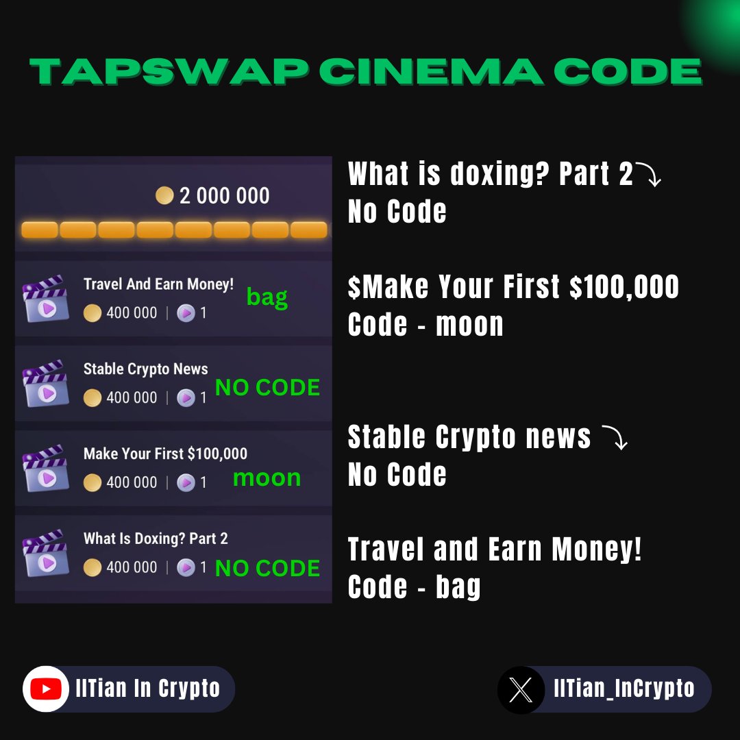 IITian_InCrypto's tweet photo. Tapswap Cinema Code 15Zth August
#TAPSWAP #Cinemacode https://t.co/Tl0qwEua0U