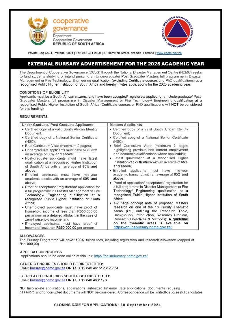 RMakukuli's tweet photo. Bursary Opportunity for the 2025 Academic Year!
The Department of Cooperative Governance #DCoG, through the National Disaster Management Centre #NDMC, is excited to announce bursaries for those pursuing Undergraduate, Post-Graduate, or Masters qualifications in Disaster https://t.co/31bln0UC7m