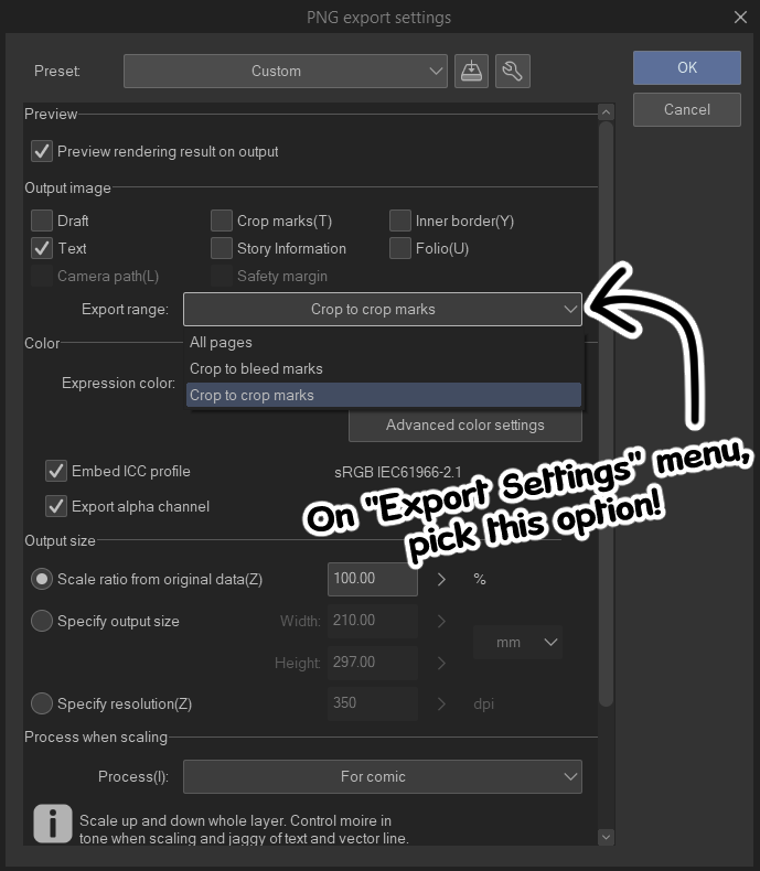 RiodileArt's tweet image. I was messing around with Clip Studio Paint and just found out about this &quot;Crop to crop marks&quot; setting on the Export menu.

If you&apos;re making comics with CSP but felt the pages were too huge when exporting, use this setting so the comic get properly cropped! #csptips