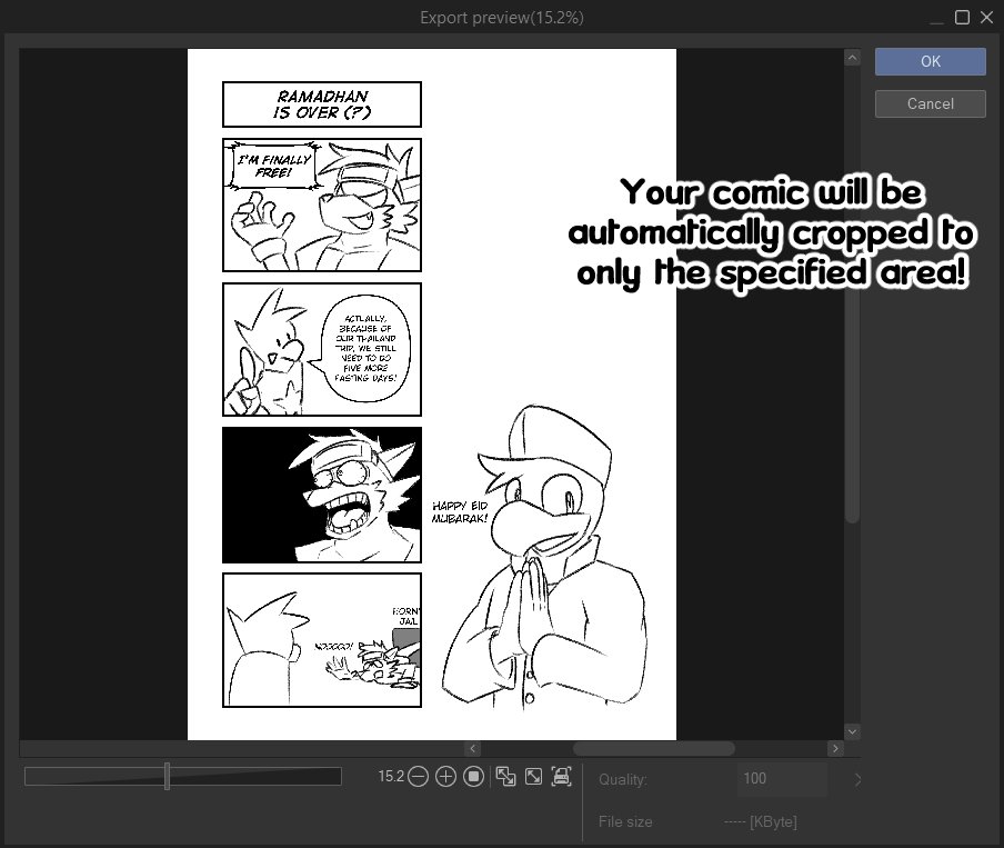 RiodileArt's tweet image. I was messing around with Clip Studio Paint and just found out about this &quot;Crop to crop marks&quot; setting on the Export menu.

If you&apos;re making comics with CSP but felt the pages were too huge when exporting, use this setting so the comic get properly cropped! #csptips