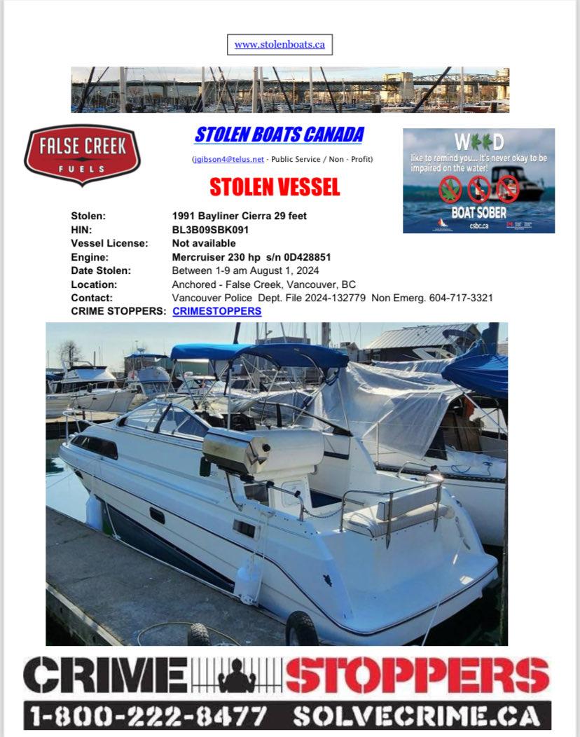 JamieJGibson4's tweet photo. Stolen Boats Canada https://t.co/rBOLAmn1US ⁦@VPDMarineUnit⁩ ⁦@SolveCrime⁩ ⁦@PortVancouver⁩ ⁦@FalseCreekFuels⁩ ⁦@RCM_SAR⁩ https://t.co/M7cCBDKtOr