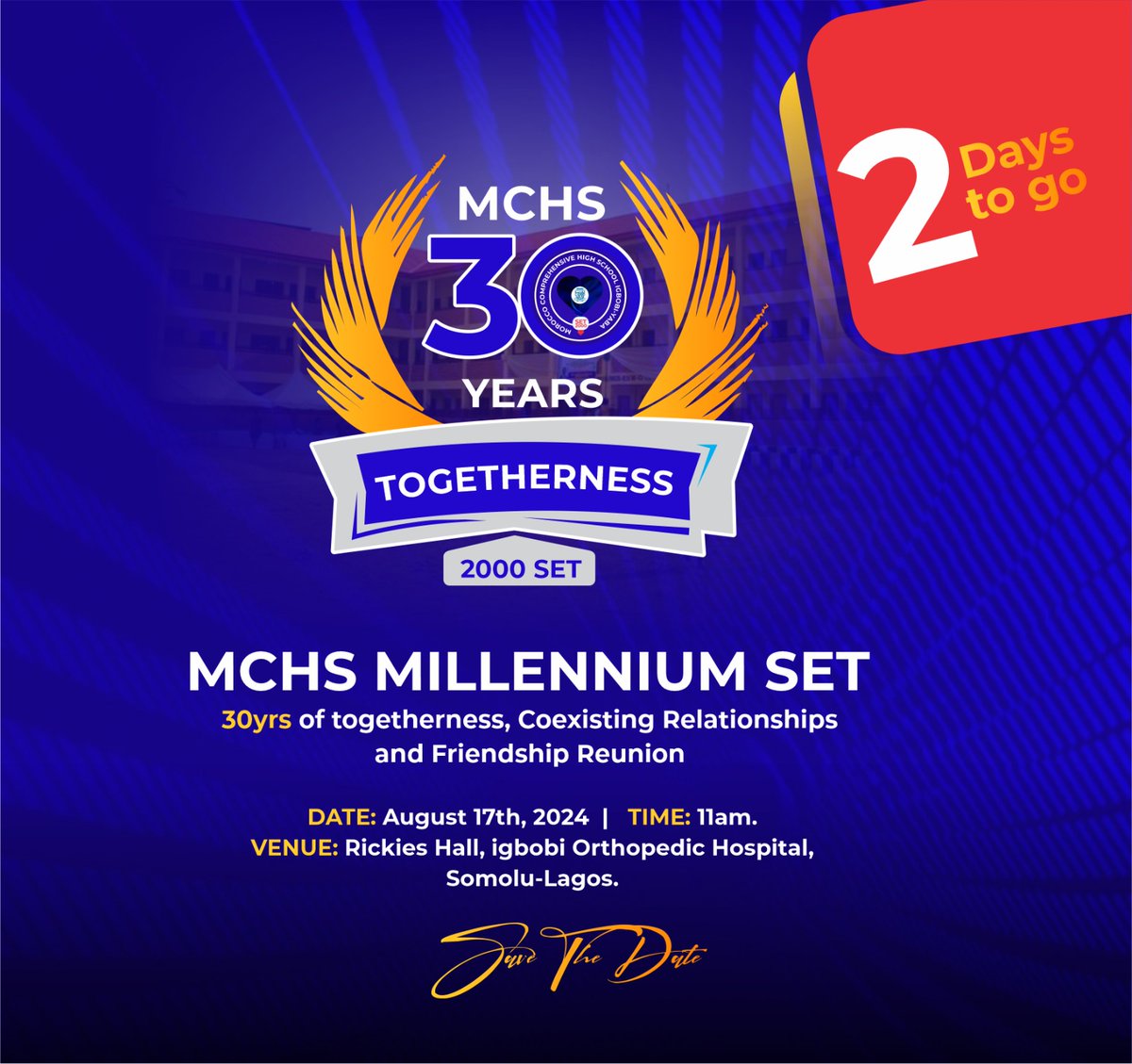 Mchs2000set's tweet photo. Watch out...2days to the unlimited enjoyment. God bless all mchs old students. https://t.co/WtVdwBFDeS