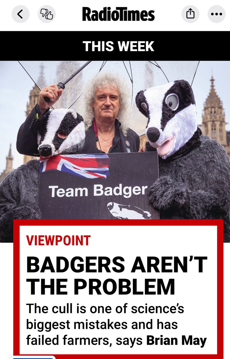 Looking forward to Brian Mays film on BBC at 9 on Friday. I have no doubt tat the man is right.  That Bovine TB transmission has everything to do with cattle movements and filthy farms. Badgers are just the witches picked to be burnt by the NFU to rally their political power base