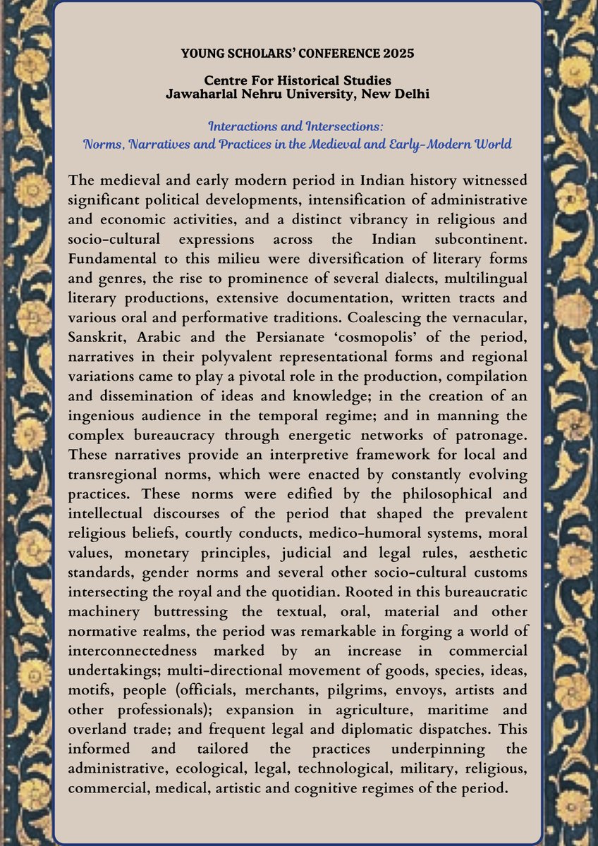 MedievalHistJNU's tweet photo. 📢The Medieval History unit, Centre for Historical Studies, JNU, invites papers for the Young Scholars' Conference (5-7 March, 2025). Submit your abstracts and bio note by 30 Sep 2024 to medievalhistoryjnu@gmail.com. More details on https://t.co/wDe3IVlvxY https://t.co/ZP8Nz0VuIS