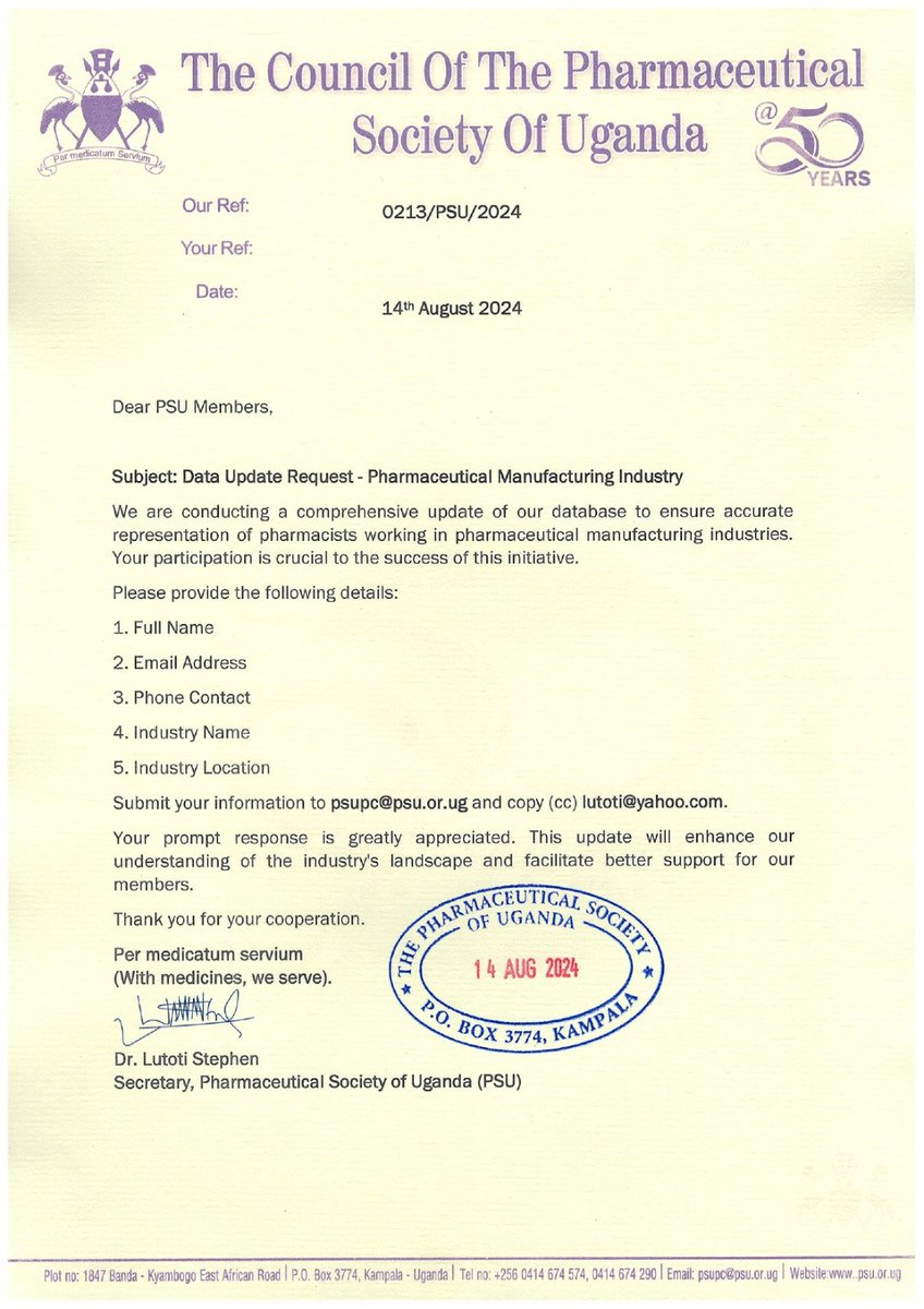 PharmacistsUg's tweet image. 📢 Attention pharmacists in pharmaceutical manufacturing! 💊 
We&apos;re updating our database to better support you. Please 📧 your details to psupc@psu.or.ug

Your prompt response is appreciated! Let&apos;s work together to advance pharmaceutical care. 

#PharmacySupport #DatabaseUpdate