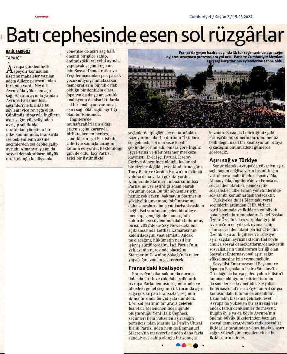 “Batı cephesinde esen sol rüzgârlar” Başlıklı yazım bugün Cumhuriyet’te…
Okumanız dileğiyle.