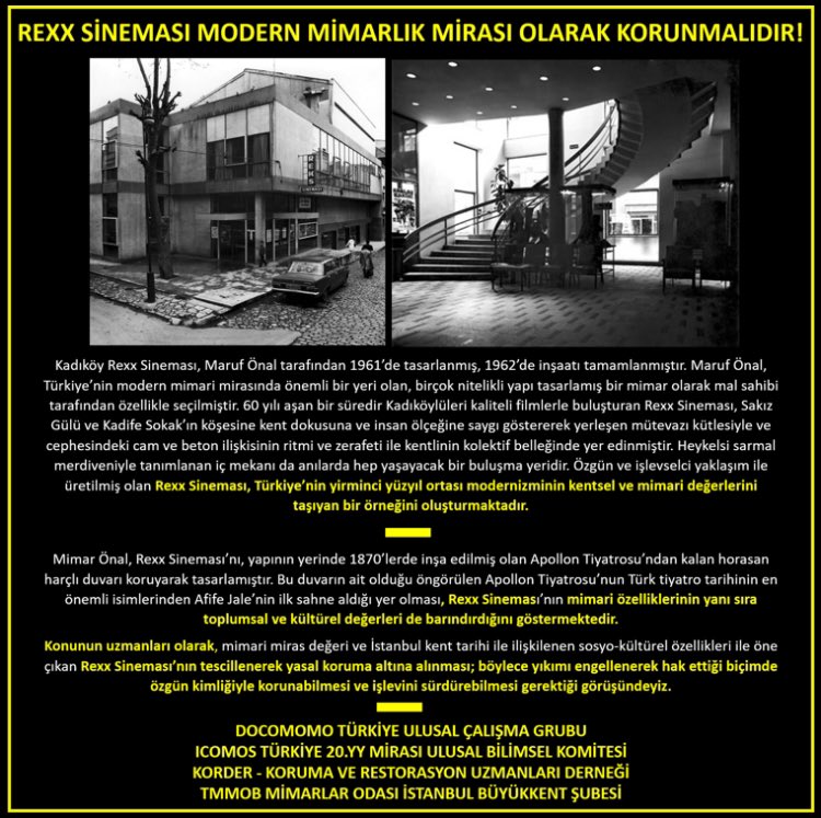 İnanılmaz bir talep, kabul edilemez bir kurul kararı... Maruf Önal tasarımı olan REXX Sineması Modern Mimarlık Mirası Olarak Korunmalıdır! <a href="/KORDER1/">KORDER</a> <a href="/MimarlarOdasi_T/">TMMOB Mimarlar Odası</a>
