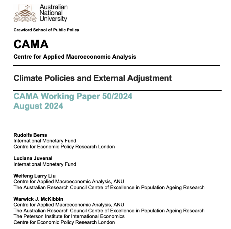 New CAMA working paper (Vol: 50/2024): 'Climate Policies and External Adjustment', by Rudolfs Bems <a href="/IMFNews/">IMF</a>, Luciana Juvenal <a href="/IMFNews/">IMF</a>, Weifeng Larry Liu (CAMA) and @WarwickMcKibbin (CAMA)

Read it at: bit.ly/3SQTih8

<a href="/ANUCrawford/">ANU Crawford School of Public Policy</a>