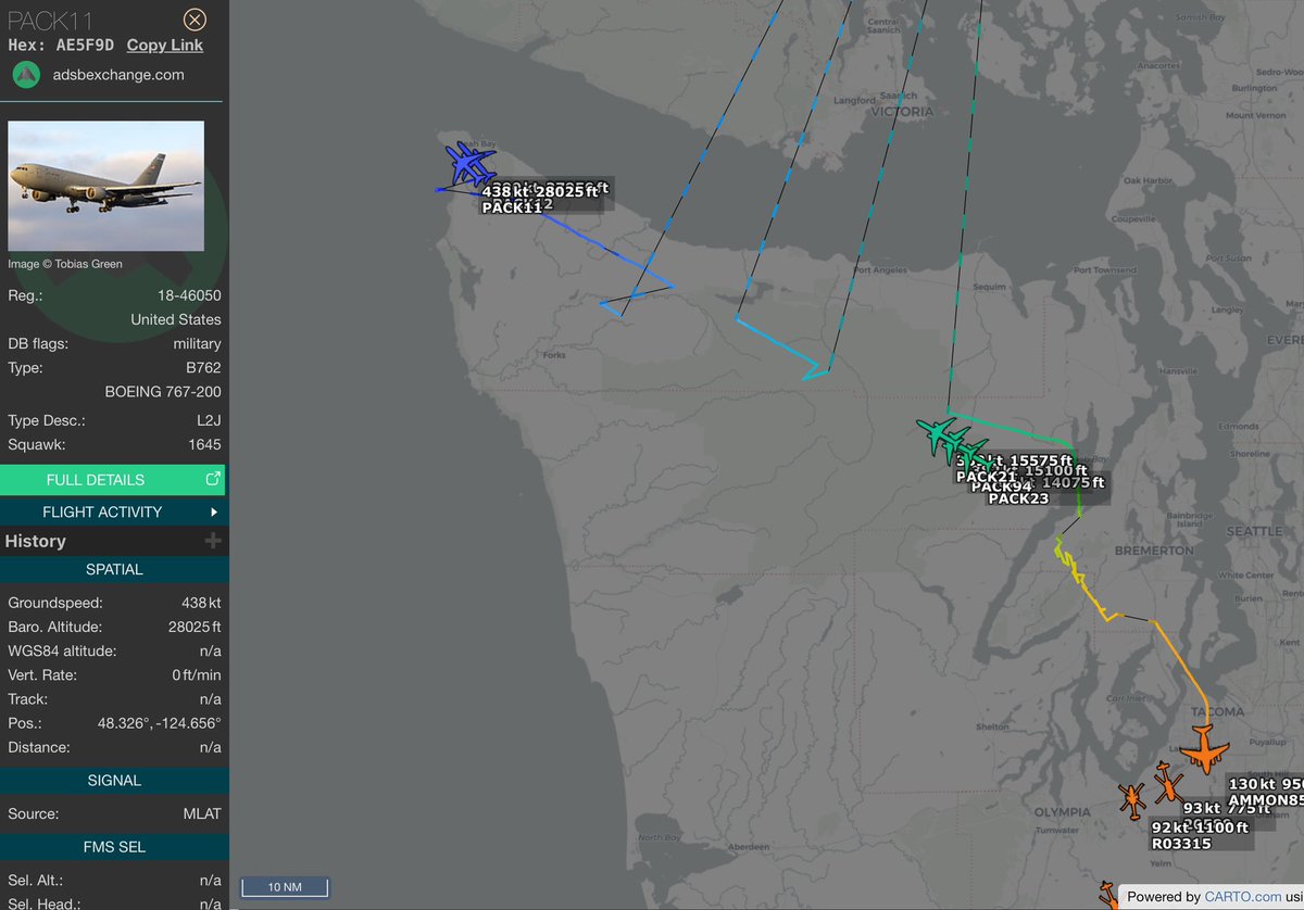 thenewarea51's tweet photo. PACK11 flt (KC-46) refueled DEMON01 flt (B-2?) and PACK21 flt (x3 KC-46) checked in with VANCOUVER CENTER as a flight of 9 this evening, EDDY11 flt (B-2?) also was with them. https://t.co/m3ORvJ2yfL