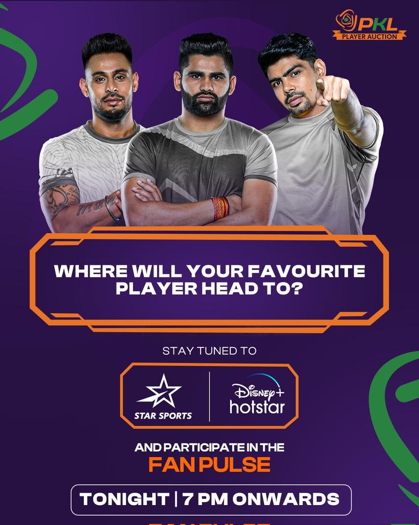 ProKabaddi's tweet photo. Ready to select a team for your favorite players? 🤩
Participate in the Fan Pulse today, starting at 7 PM – stay tuned 📱💻
#PKL #ProKabaddiLeague #PKLPlayerAuction #ProKabaddi #PKLonStar #FanPulse https://t.co/dLBm9FWgtn