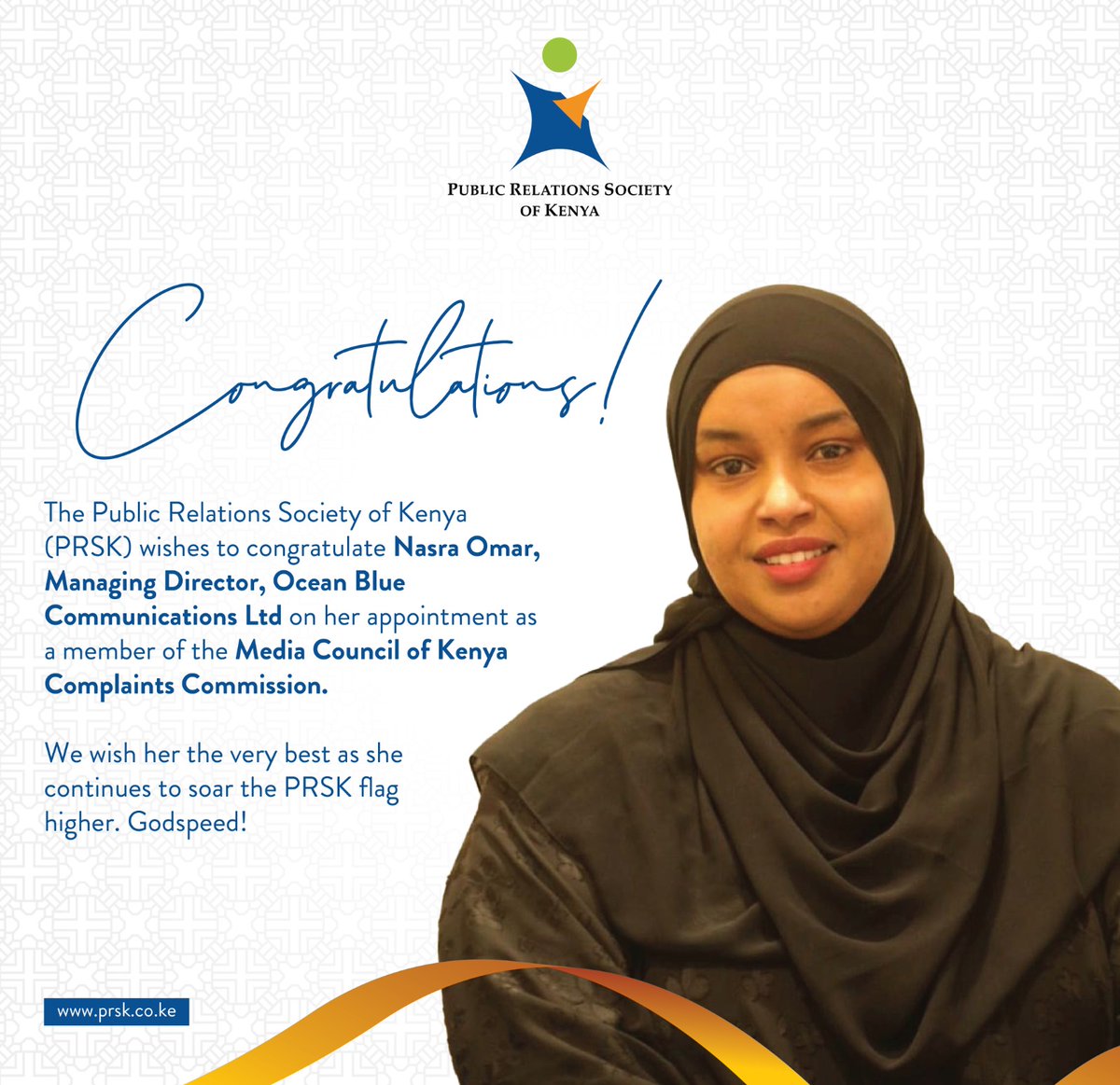 prskkenya's tweet photo. Join us in congratulating our colleague @nasraruun , Managing Director, @oceanbluecomms  on her appointment as a member of the @MediaCouncilK Complaints Commission.

#TeamPR celebrates you. https://t.co/lglJghwhLy