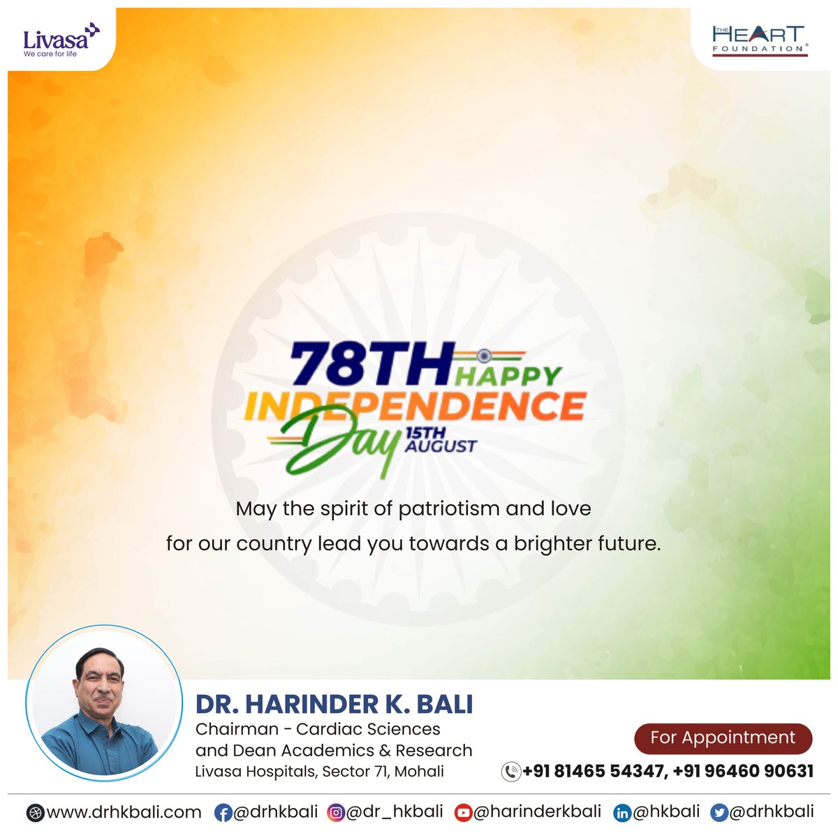 DrHKBali1's tweet photo. May the spirit of patriotism and love for our country lead you towards a brighter future.

Wishing everyone a day filled with pride, patriotism, and joy! Jai Hind! 🇮🇳

#IndependenceDayIndia   #ProudToBeIndian #JaiHind  #AzadiKaAmritMahotsav #PatronHeartFoundation #DrHKBali https://t.co/8xIwAJLH7m