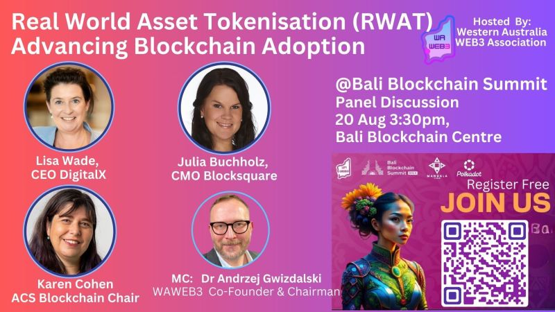 blocksquare_io's tweet photo. Our CMO @JuliaBuchholz_   will be presenting at the @blocksummitbali, hosted by @waweb3org and @blockchainbali 

On the panel with Julia will be:
✅ Lisa Wade (she/her) the CEO of @DigitalXLtd  (ASX:DCC)
✅ Karen Cohen the chair of ACS (Australian Computer Society)
✅ Dr Andrzej Gwizdalski WAWEB3 Chairman and Co-Founder and moderator of the presentation!

If you are attending @CoinfestAsia , click the link below to find out more and join us for the Bali Blockchain Summit. 

https://t.co/VJVh6nrILJ

#Blockchain #Web3 #Tokenization #DigitalAssets #Crypto #Innovation #Fintech #RealEstate #Sustainability #Technology