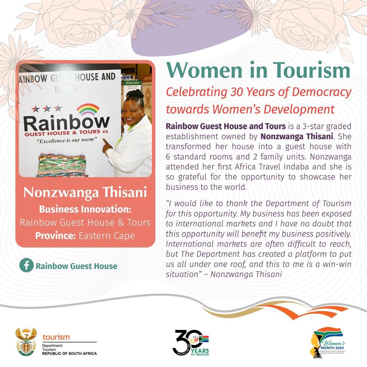 Tourism_gov_za's tweet photo. Wishing all SA Women in Tourism a Happy Women's Month.
#WomensMonth2024 #WomensDay2024 #WomenEconomicPower #MarketAccessSupport #WeDoTourism https://t.co/lthAgsv9vq