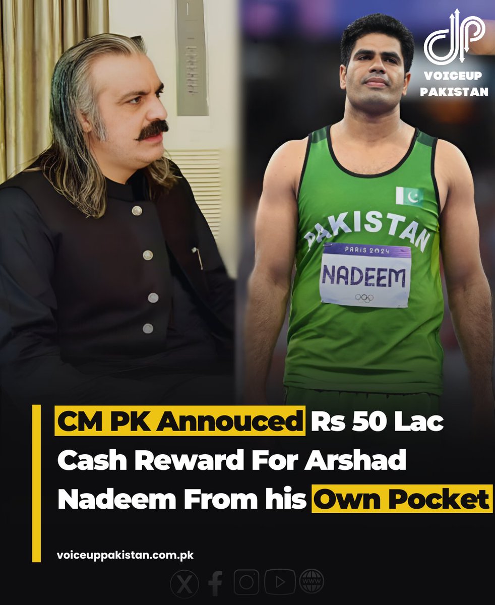 VoiceupPakistan's tweet photo. Khyber Pakhtunkhwa Chief Minister Ali Amin Gandapur on Wednesday emphasized He praised Arshad Nadeem, calling him a pride of Pakistan, and announced that he would personally award him 5 million rupees from his own pocket
#CM #KPK #AliAimGandapur #Rawards #ArshadNadeem https://t.co/nqYcaITwgL