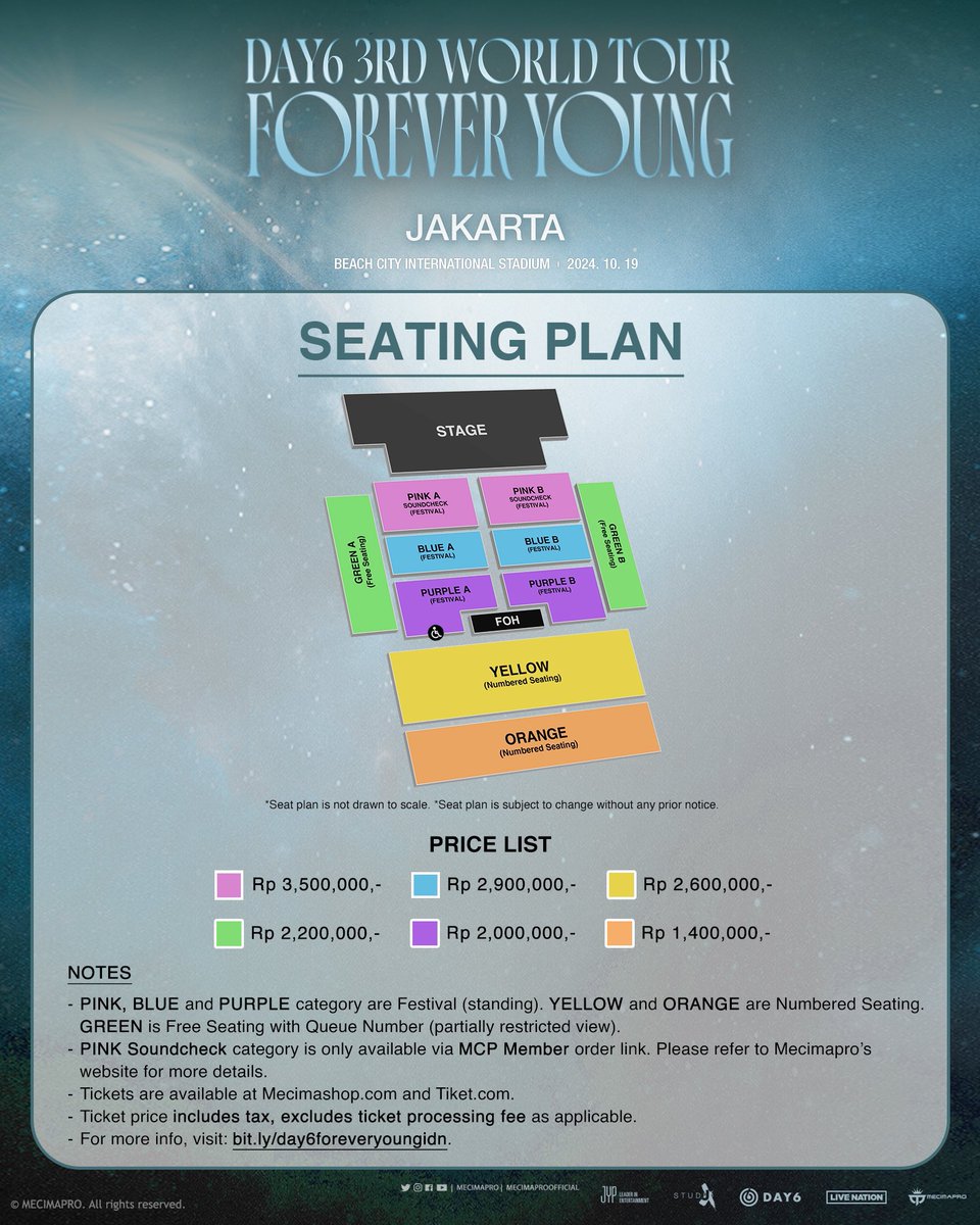 ANNOUNCEMENT]
DAY6 3RD WORLD TOUR <FOREVER YOUNG> in INDONESIA  - Official Seat Plan.
My Day Indonesia, grab your tickets in your selected area to have an unforgettable day with #DAY6
-
🔗: bit.ly/day6foreveryou…