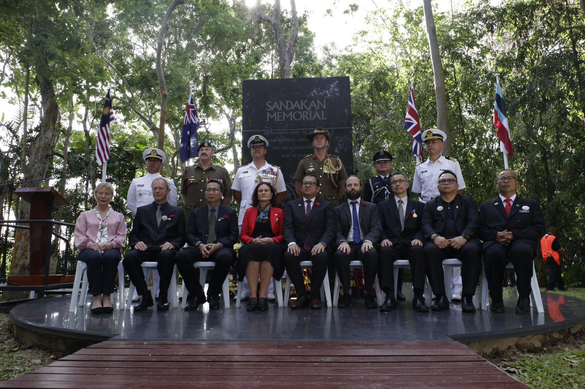AusHCMalaysia's tweet photo. Today marks the 79th anniversary of Sandakan Memorial Day.

Honoured to visit Sandakan Memorial Park to commemorate the 🇦🇺 &amp; 🇬🇧 POW who lost their lives at Sandakan &amp; on the Ranau death marches in 1945. We also remember the people of Sabah who suffered &amp; died. 

Lest we forget. https://t.co/7jtEMB1cVa