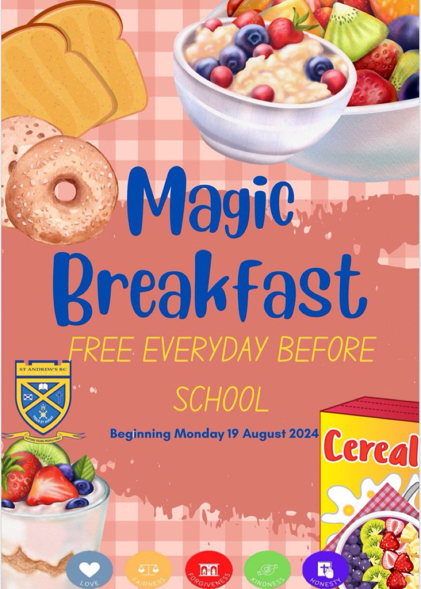 From Monday 19 August all young people  <a href="/StAndrewsRCSec/">St Andrew's Secondary School</a> will be able to access a free breakfast every day, served from the school canteen. We are working in partnership with Magic Breakfast to ensure all young people go to class fuelled and ready to learn 🍞🍌🍓🍎🥣