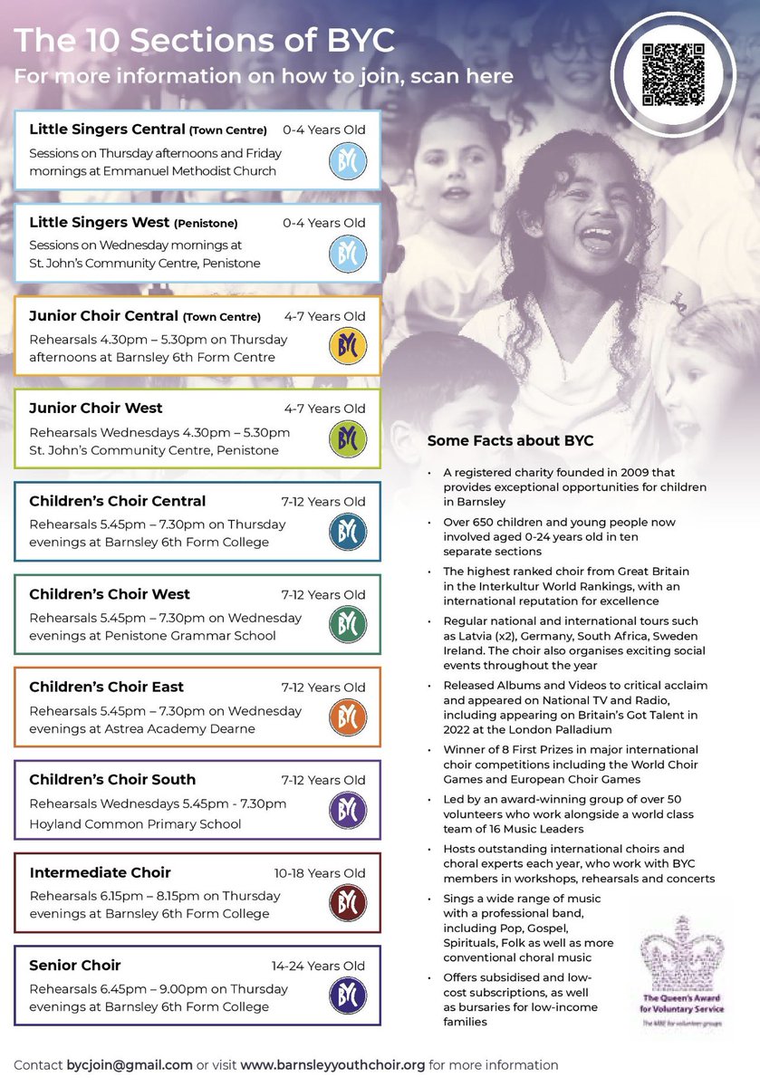 Join BYC in 2024-25. An extraordinary opportunity for children and young people aged 0-24 years old. 10 choirs to choose from, including choirs in Penistone, Dearne and Hoyland. Apply here docs.google.com/forms/d/e/1FAI…