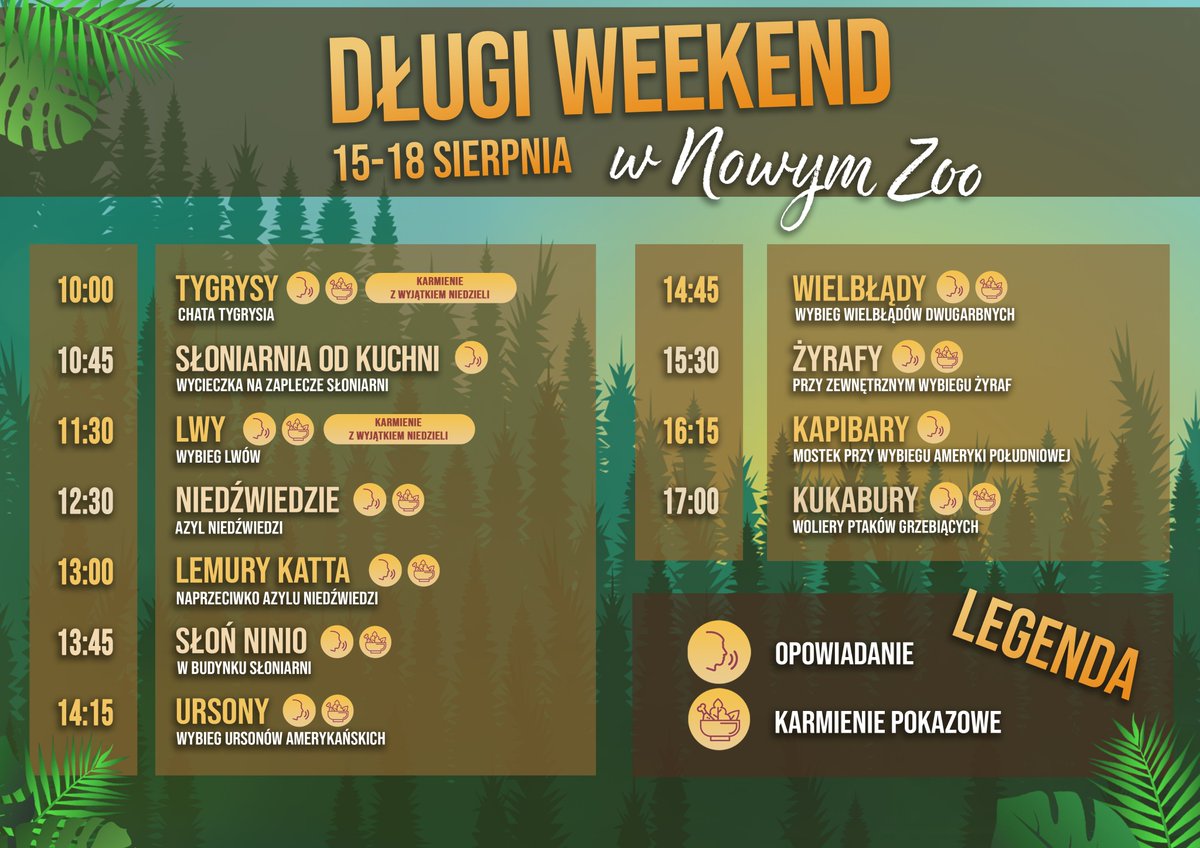Spotkania w Nowym ZOO przez wszystkie dni długiego weekendu. Startujemy o godz. 10.00 przy tygrysach, kończymy o godz. 17.00 przy kukaburach. #Zoo #Poznań #NoweZoo