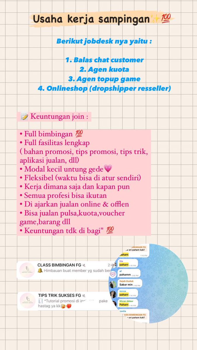 storeschi's tweet image. buat temen-temen yang lagi nyari info loker sini aku kasih tau ada job freelance kerjaannya cuma bales balesin chat doang tapi bisa dapet penghasilan 60k-100k perhari. tanpa ktp dan full bimbingan, testi sudah banyak dijamin trusted 💯 #zonauang #zonaba #freelance