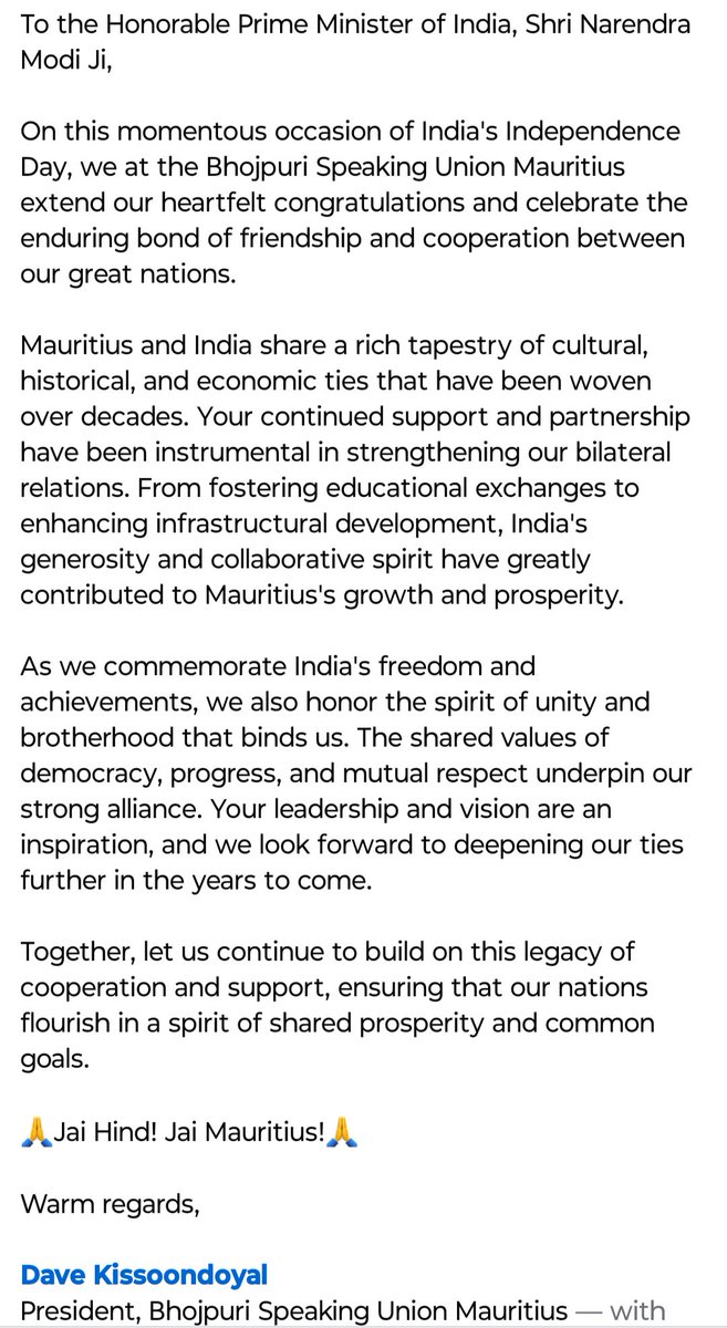 dkissoondoyal's tweet photo. Happy Independence Day to Shri @narendramodi Ji, to the Government of India and People of Bharat Maa.
Long live the brotherhood of India and Mauritius.
Jai Hind, Jai Mauritius! https://t.co/RmYM43YkGZ