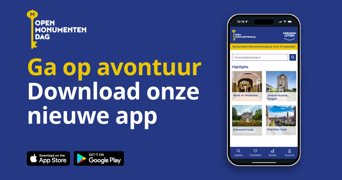 📣 𝗢𝗽𝗲𝗻 𝗠𝗼𝗻𝘂𝗺𝗲𝗻𝘁𝗲𝗻𝗱𝗮𝗴 𝗹𝗮𝗻𝗰𝗲𝗲𝗿𝘁 𝗻𝗶𝗲𝘂𝘄𝗲 𝗮𝗽𝗽

De app, een persoonlijke gids vol handige functies, maakt de Open Monumentendag beleving nog leuker en completer. Download 'm hier: bit.ly/3YJ7I6S

#OMD2024 #openmonumentendag #app
