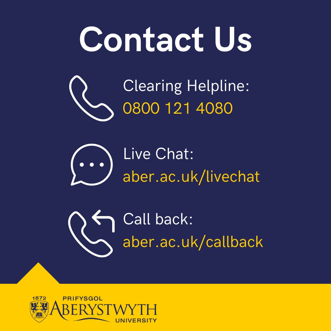 AberUni's tweet photo. Our Clearing Helpline is now OPEN!

If you're looking for a place at university this September, we have a Clearing places available across a range of courses.

☎️ 0800 121 4080 8:00am – 6:00pm
💬 https://t.co/ueFIih2W8c 9:00am – 5:00pm
📲 https://t.co/Ada5Gvfd2k 8:00am – 5:00pm https://t.co/LkJZ3Nomrz