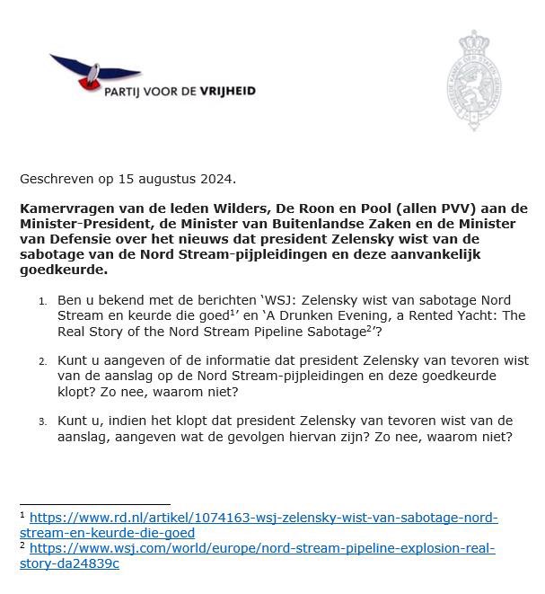 Aanvullende vragen aan premier Schoof cs over berichten dat de Oekrainse president Zelensky kennis had en instemde met sabotage Nord Stream.