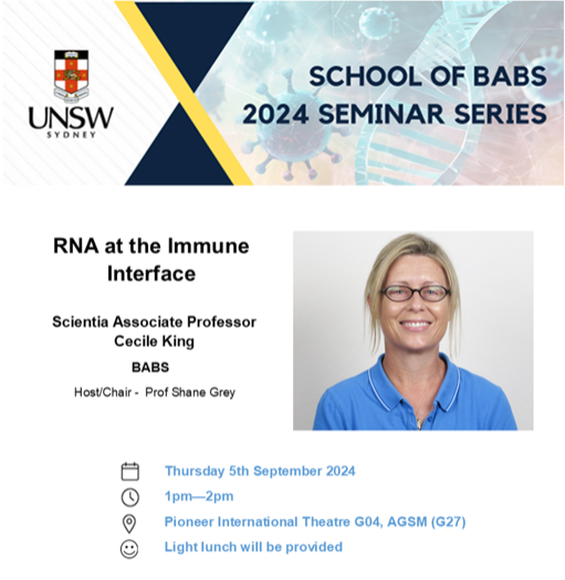 martinalexsmith's tweet photo. If you're near Sydney September 5th, stop by @UNSWBABS for A/Prof King's talk on unlocking the immune system's secrets via retrotransposons, long-noncoding #RNA, and #immunology 🧬🔍 #RNAresearch #Biotechnology #RNAWorld #virology #ncRNA #ScienceTwitter https://t.co/oLIkIwZpZx
