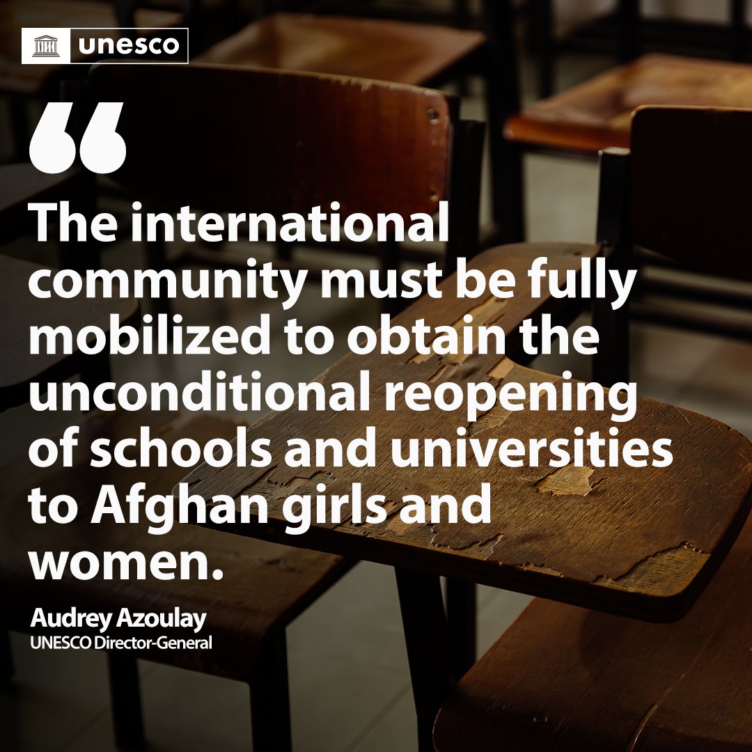 UNESCO's tweet photo. 🚨 1.4 million girls are still banned from school in #Afghanistan, 3 years after the de facto authorities took power.

It is the only country where girls over 12 & women are denied #education. Their fundamental #RightToEducation must be fully respected. #LetAfghanGirlsLearn!

https://t.co/NLDNqn8lqs