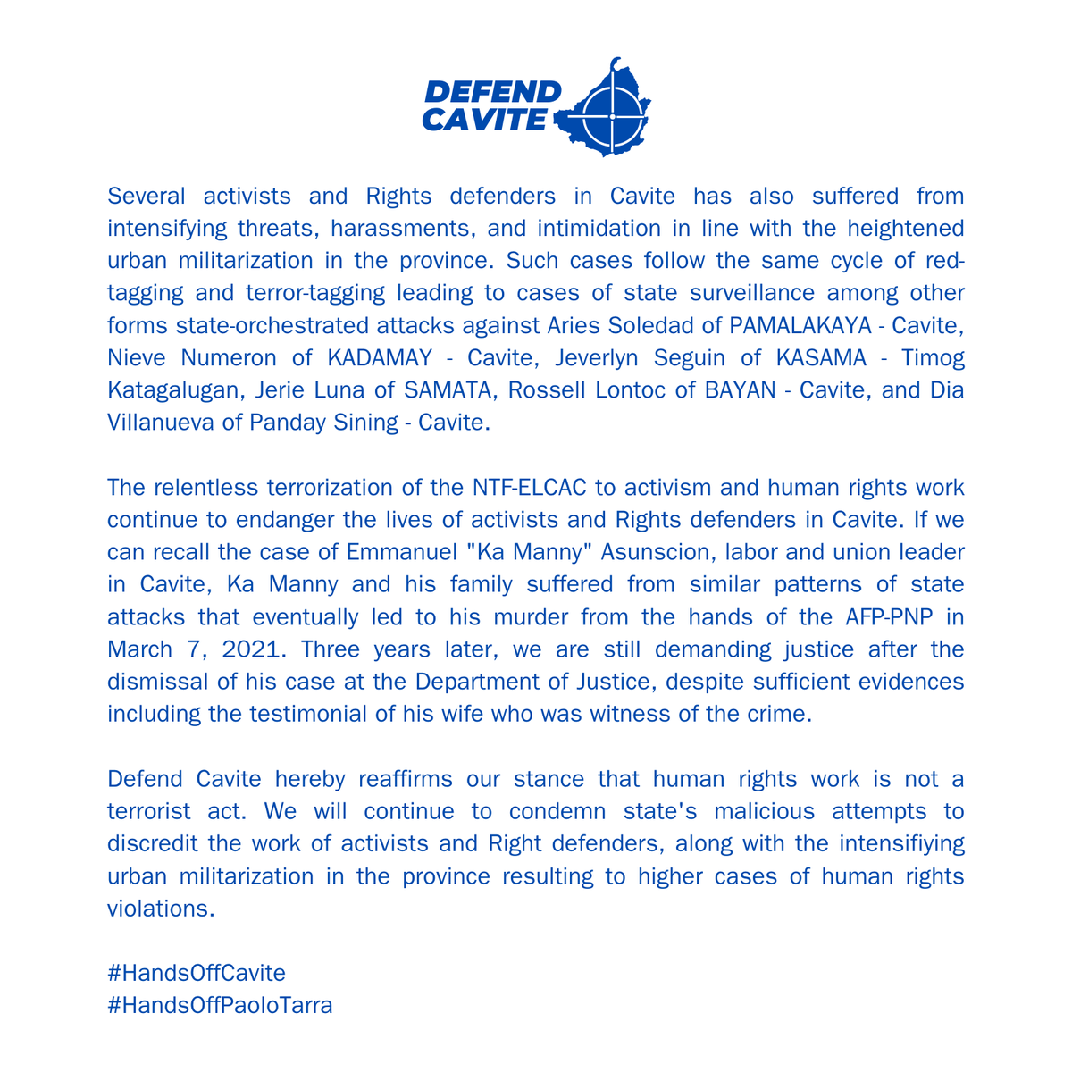 DefendCVT's tweet photo. #HandsOffCavite
#HandsOffPaoloTarra https://t.co/0zo12eWGAs