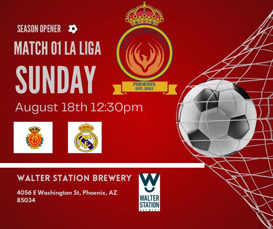 Join us this Sunday in our season opener at our new HQ in Phoenix! <a href="/walterstationaz/">Walter Station Brewery</a> ! #Phoenix #Arizona #realmadrid #Madridistas #madridismoUSA #LaLiga #HalaMadrid