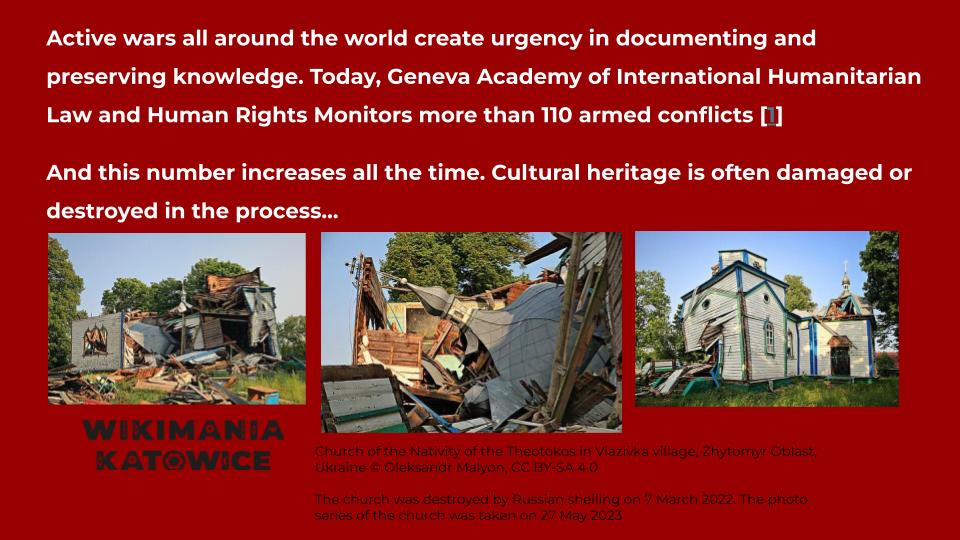 wlm_ua's tweet photo. На Вікіманії ми розповіли міжнародній вікіспільноті, як проєкт «Вікі любить пам’ятки» можна використовувати для документування знищеної культурної спадщини. Ділимося основними тезами виступу Дарини, проєктної менеджерки конкурсу в Україні. https://t.co/KZtAzug8cf