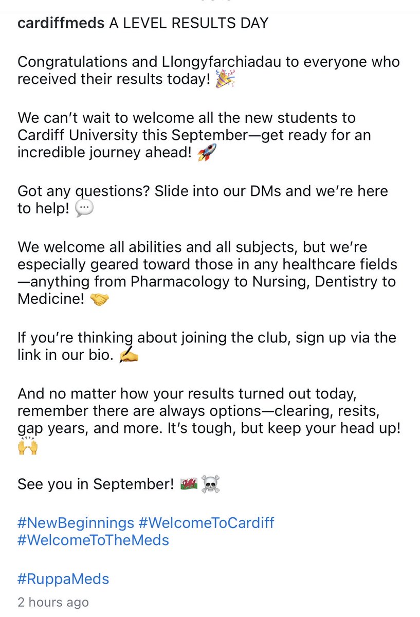 Many congratulations to everyone who has gained a place to study at Cardiff - Cardiff Meds RFC provides a great environment to balance the demands of your course &amp; also play for the most successful Healthcare rugby team in the UK . 👏🏉🍺🏴󠁧󠁢󠁷󠁬󠁳󠁿