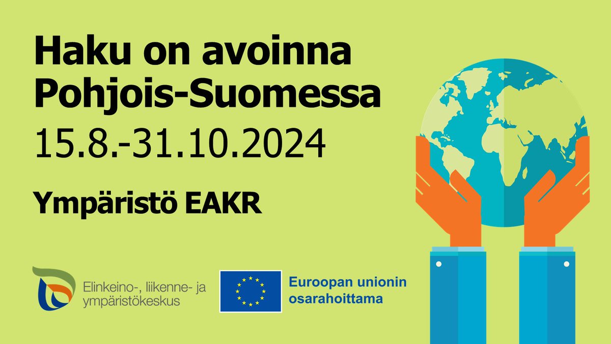 Pohjois-Pohjanmaan ELY-keskuksella on avoinna Ympäristö EAKR -haku 15.8.–31.10.2024 (Pohjois-Pohjanmaa, Lappi ja Kainuu).  

➡️ Tiedote rakennerahastot.fi/-/pohjois-suom… 
➡️ Video youtu.be/UO1xD1ET7IA  #ELYkeskus 

#EUrahoituspohjoisessa #EAKR #ympäristö 
<a href="/Lapin_ELY/">Lapin ELY-keskus</a> <a href="/KainuunELY/">Kainuun ELY-keskus</a>