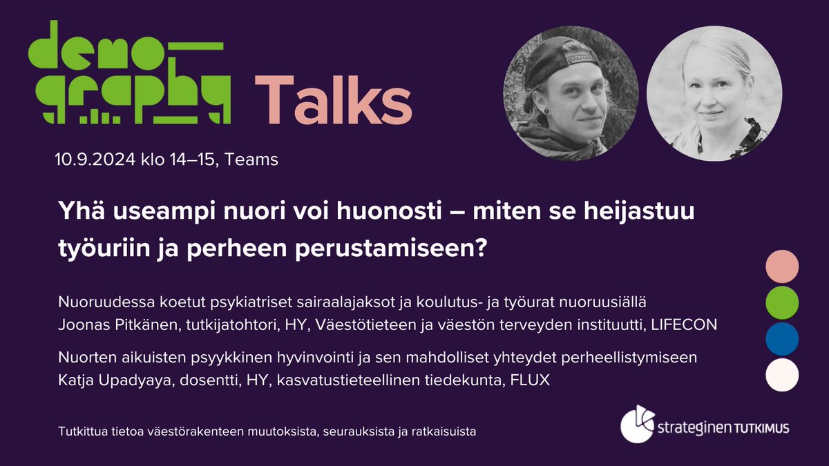Työterveyslaitos (@tyoterveys) on Twitter photo Yhä useampi nuori voi huonosti – miten se heijastuu työuriin ja perheen perustamiseen?
✅ Tervetuloa DEMOGRAPHY Talks -webinaariin 10.9. klo 14–15! Ilmoittaudu:
ttl.fi/demography-tal…
<a href="/lifeconhanke/">LIFECON-hanke</a> <a href="/PRUhelsinkiuni/">Helsinki Institute Demography & Population Health</a> <a href="/KUpadyaya/">Katja Upadyaya, PhD, docent</a> <a href="/FLUX_Consortium/">@FLUX_Consortium</a> <a href="/Akatemia_STN/">Strateginen tutkimus</a> #DemoTalks #tutkimus Yhä useampi nuori voi huonosti – miten se heijastuu työuriin ja perheen perustamiseen?
✅ Tervetuloa DEMOGRAPHY Talks -webinaariin 10.9. klo 14–15! Ilmoittaudu:
ttl.fi/demography-tal…
<a href="/lifeconhanke/">LIFECON-hanke</a> <a href="/PRUhelsinkiuni/">Helsinki Institute Demography & Population Health</a> <a href="/KUpadyaya/">Katja Upadyaya, PhD, docent</a> <a href="/FLUX_Consortium/">@FLUX_Consortium</a> <a href="/Akatemia_STN/">Strateginen tutkimus</a> #DemoTalks #tutkimus