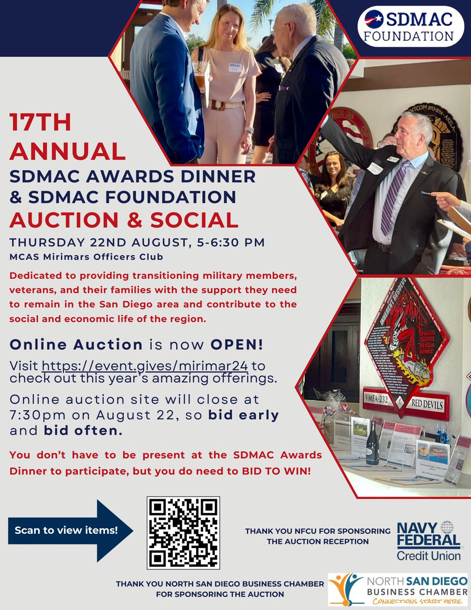 San Diego Military Advisory Council Foundation (SDMAC FOUNDATION)
ONLINE AUCTION IS NOW OPEN!
Support transitioning servicemembers and their spouses.  Bid on terrific items such as sports, resort stays, tours, &amp; more. 
Go to event.gives/miramar24 Click on "View Item"