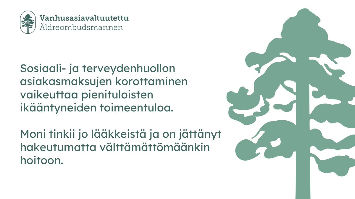 Vanhusasiavaltuutettu katsoo lausunnossaan, että sosiaali- ja terveydenhuollon asiakasmaksujen korottaminen vaikeuttaa pienituloisimpien ikääntyneiden toimeentuloa. Korotus koskettaa erityisesti ikääntyneitä, joilla on pitkäaikaissairauksia ja jotka tarvitsevat paljon palveluja.