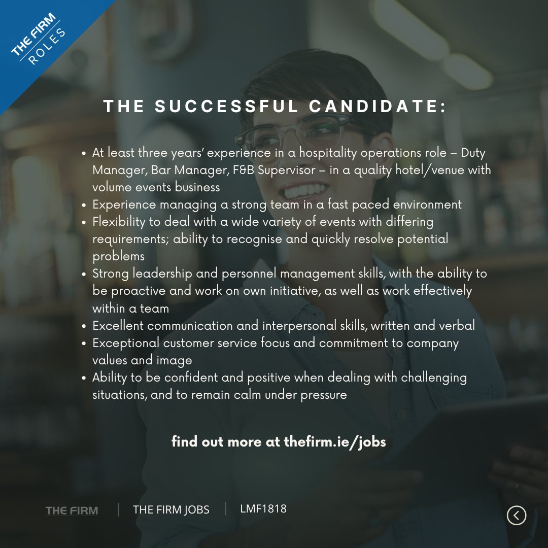 Assistant Operations Manager required in Co Limerick! Manage bar &amp; retail services at a premium venue. Lead teams, oversee events, and ensure excellent customer service.  
Apply now: thefirm.ie/jobs/assistant…

#jobfairy #jobopportunity #openroles