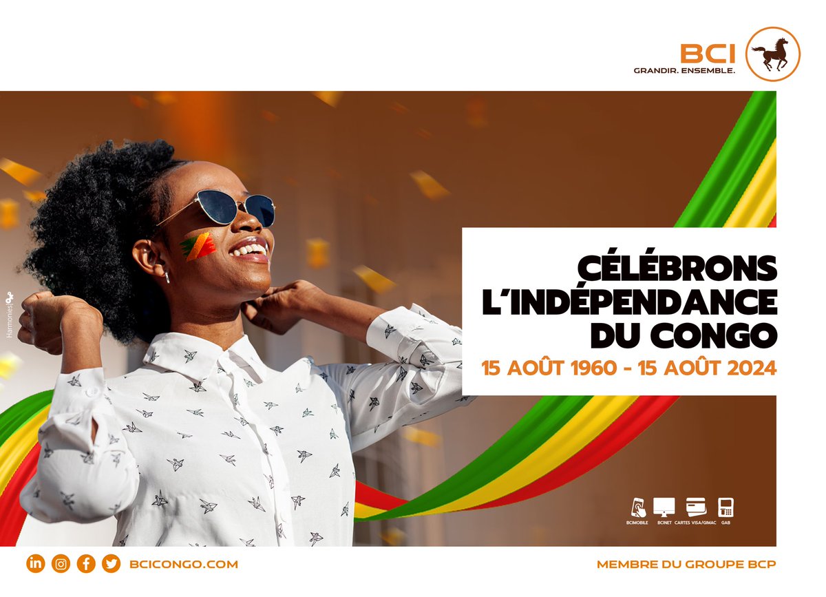 BciCongo's tweet photo. [INSTANT CÉLÉBRATION]

Bonne  fête  de  l'indépendance  à  tous  nos compatriotes Congolais dans le monde 🇨🇬

Aujourd'hui, nous célébrons avec ﬁerté 64ans d'indépendance et de liberté dans l’unité.

Vive la République du Congo🎉
Unité - Travail - Progrès 

#bcicongo https://t.co/F0j983CwQW
