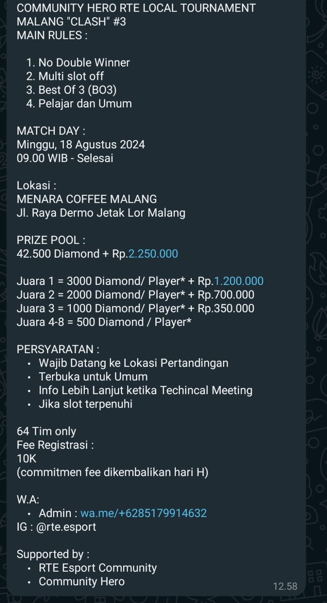 NGALAMFESS (@ngalamfess) on Twitter photo โผ๏ธCOMMUNITY HERO RTE LOCAL TOURNAMENT MALANG "CLASH" #3 ๐ฎ๐ฑโผ๏ธ
๐ MATCH DAY :
Minggu, 18 Agustus 2024
09.00 WIB - Selesai
๐Lokasi : 
MENARA COFFEE MALANG
Jl. Raya Dermo Jetak Lor Malang โผ๏ธCOMMUNITY HERO RTE LOCAL TOURNAMENT MALANG "CLASH" #3 ๐ฎ๐ฑโผ๏ธ
๐ MATCH DAY :
Minggu, 18 Agustus 2024
09.00 WIB - Selesai
๐Lokasi : 
MENARA COFFEE MALANG
Jl. Raya Dermo Jetak Lor Malang