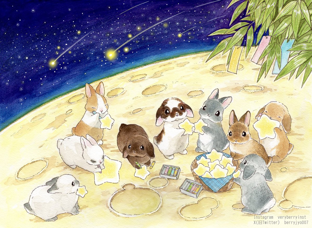 「#うさぎさんと七夕の約束 どのお星さまにする?皆、思い思いのお星さまを選びます。」|VeryBerry うさぎ星さん4/8-9出展のイラスト