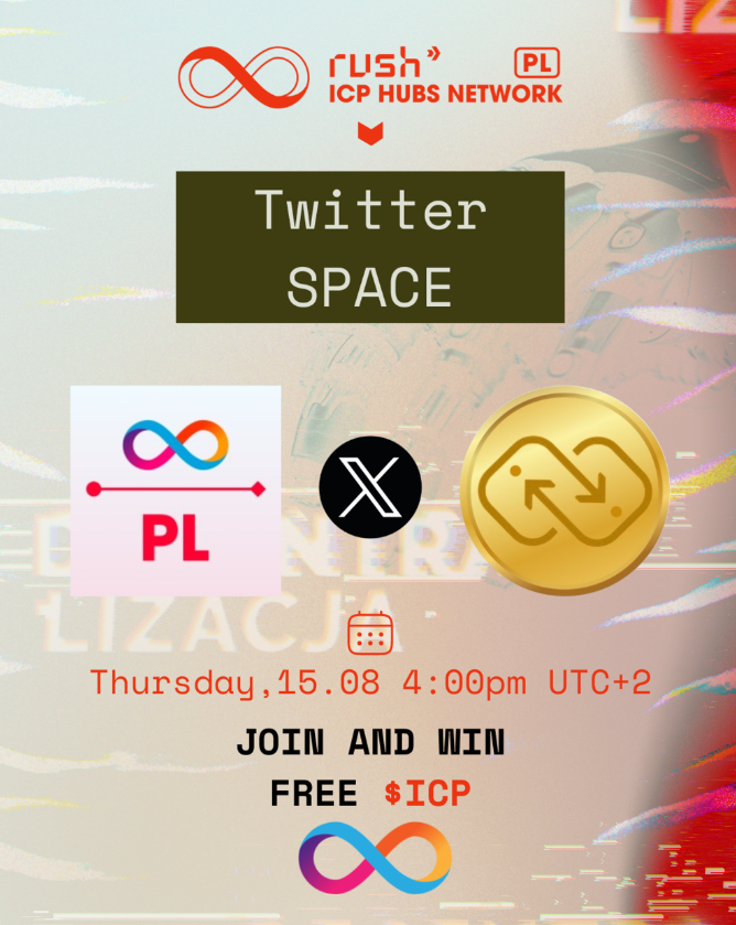 Claude_PL's tweet photo. 🚀JOIN OUR SPACE AND WIN FREE $ICP 🚀

To celebrate our SPACE with @icto_app we are giving a chance to 5 lucky people to win free ICP tokens! 

💰Prize pool 20 $ICP!💰

What do you need to do?

Follow:
👉@ICPHUB_PL
👉@icto_app 
❤️Like
‍🔁RT
👉Tag 3 friends who likes #ICP
👉Be with us on SPACE
The best questions will get a chance to WIN!

REMEMBER: 
🕒15.08.2024
📅4 p.m UTC+2

See you there! 

Link to our space in the comment section below👇

@ICPHUBS #InternetComputer #Airdrop #Giveaway