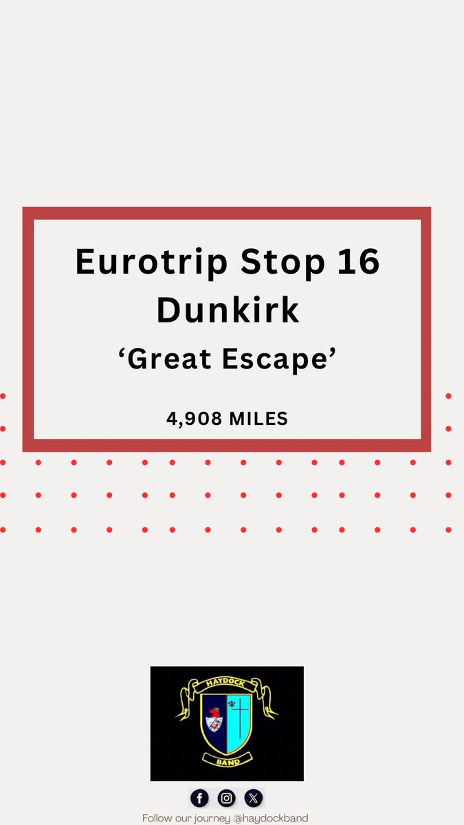 HaydockBand's tweet photo. To celebrate reaching the historic Dunkirk in France, here’s a snippet from ‘The Great Escape’ 🥁🎺 We still have our walking boots on, with only 418 miles left until we reach our home! To sponsor us, visit https://t.co/k5f33O1uJg. Thank you for supporting our challenge so far 🤝 https://t.co/WREr0BPsfM