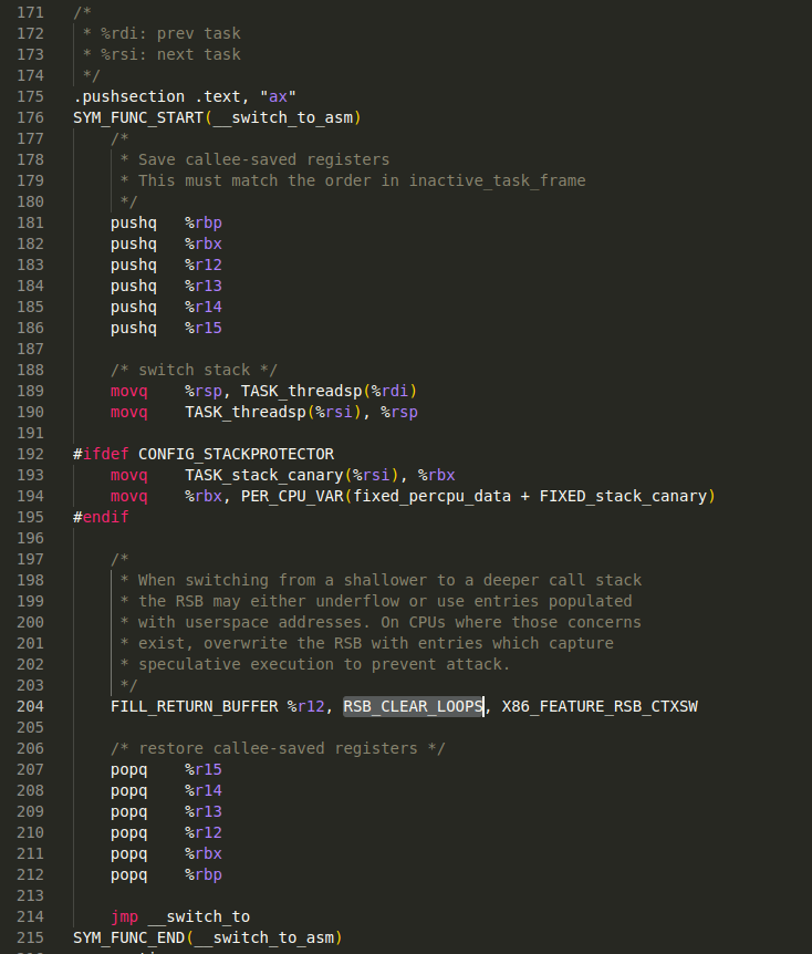 The Linux kernel's implementation of context switch b/w two threads on X86.

1. save registers on previous task's stack
2. Switch stack pointers
3. Restore registers from the new task's stack

Interesting to see the code to prevent attacks due to return stack buffer (RSB)